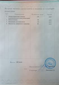 Документ об образовании: Психолог-консультант, Международный институт процесс-ориентированной психологии и психотравматологии (МИПОПП), скан 3 из 3