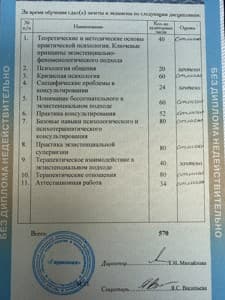 Документ об образовании: Практическая психология. Психологическое и психотерапевтическое консультирование/ ЧОК ДПО «Институт психотерапии и консультирования «Гармония», скан 3 из 3