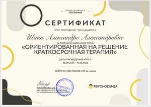 Документ об образовании: Ориентированная на решение краткосрочная терапия, 449 часов. PSYCHODEMIA Психодемия, скан 1 из 1