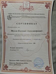 Документ об образовании: 1-я ступень МГИ (гештальт терапевт). 180 часов, скан 1 из 1