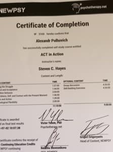 Документ об образовании: Newpsy org ACT in action, скан 1 из 1