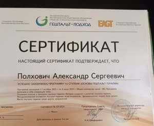 Документ об образовании: МГИ 1-я ступень гештальт-терапии, скан 1 из 1