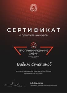 Документ об образовании: Курс Академии смысла «Программирование жизни. Убеждения. Установки. Дискурсы»», скан 1 из 1